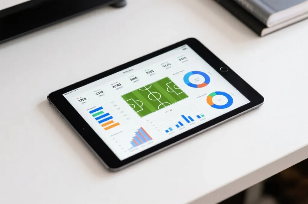 A modern tablet displaying generic soccer match statistics, analytics charts, and tactical formations on a clean desk