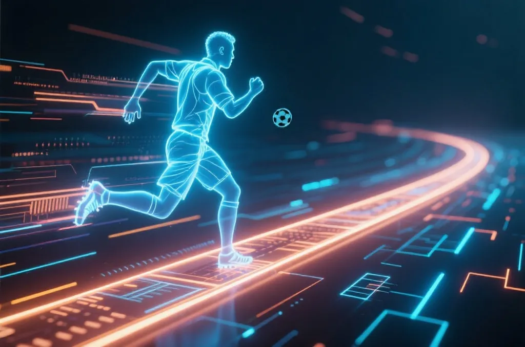 An abstract representation of athletic endurance, a soccer player silhouette running on a glowing data track, futuristic sport science visualization, editorial style